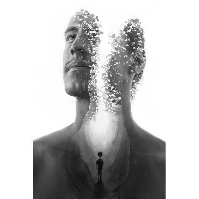 Paintography. Double exposure portrait combined with hand drawn painting tells a story and gives a mysterious feeling